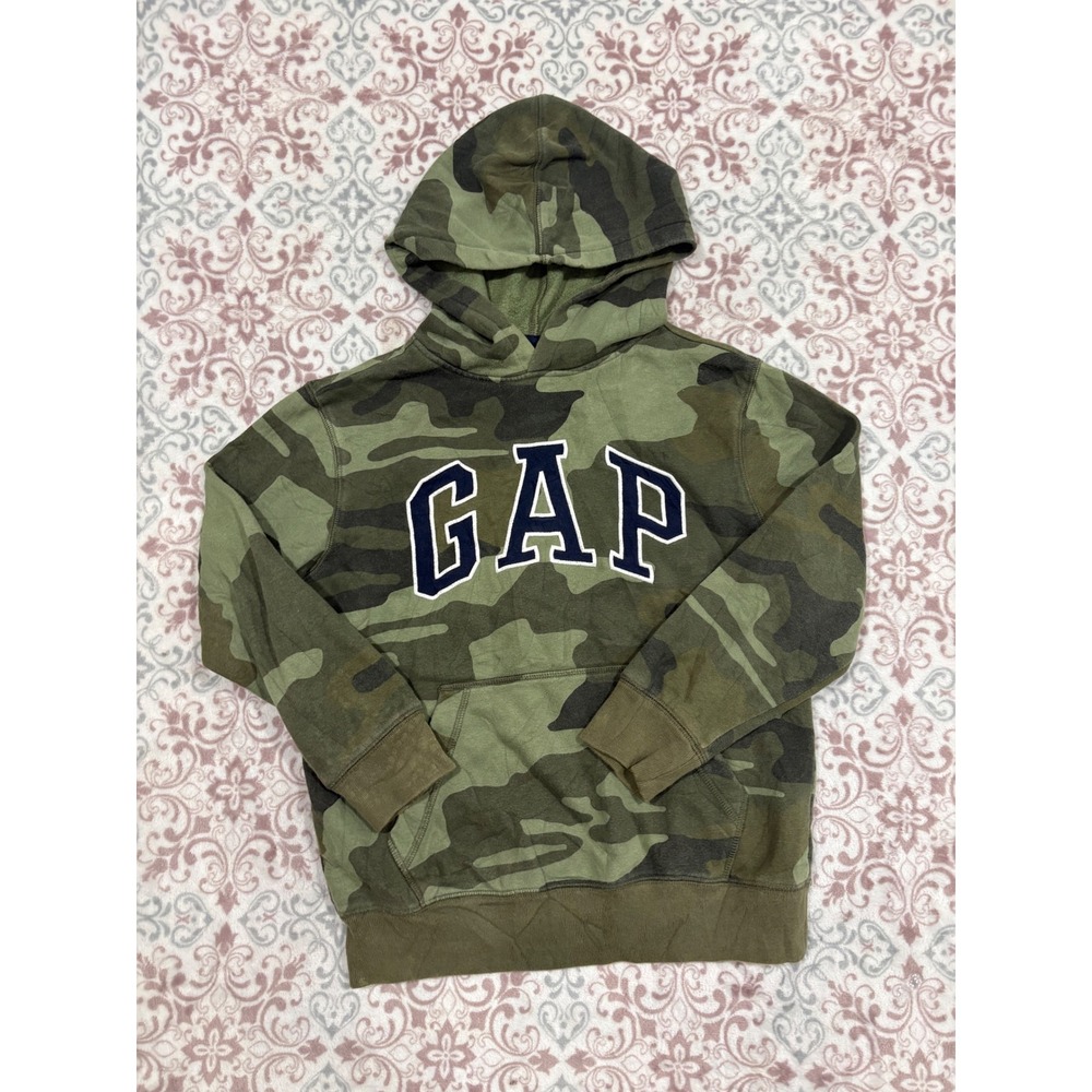 GAP Kids Camouflage Logo Pullover Hoodie Green Camo Fleece Sweatshirt Size M 8-9